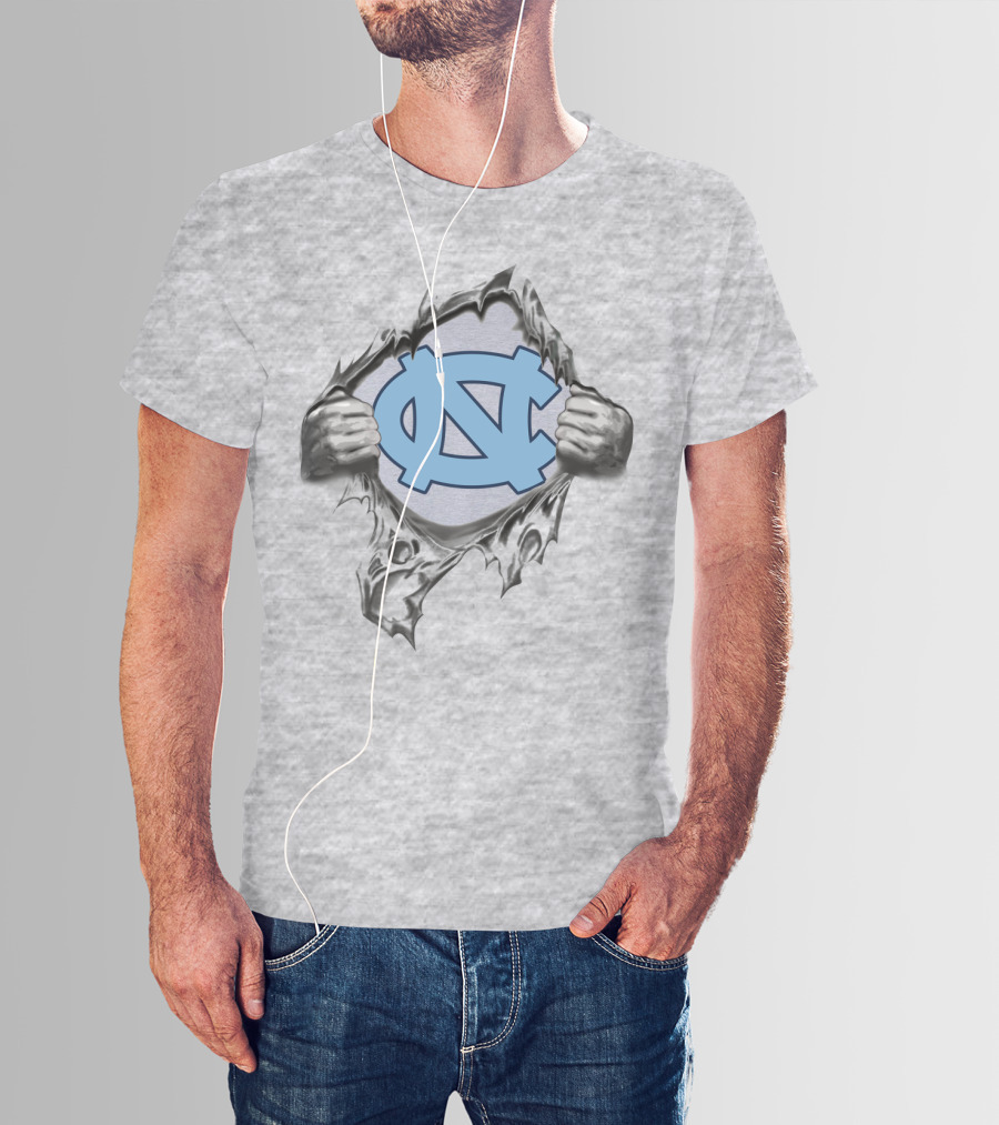 Unc Tar Heels Logo Peeking Through Ripped Gray Fabric T-Shirt