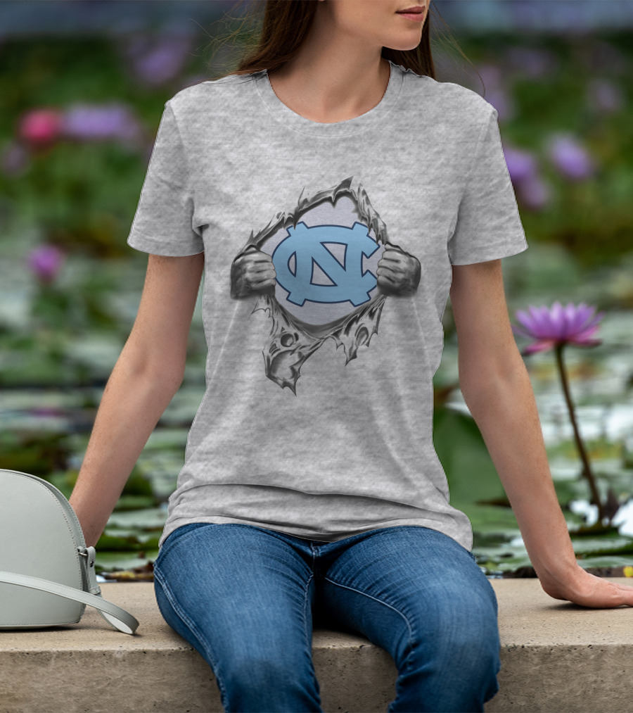 Unc Tar Heels Logo Peeking Through Ripped Gray Fabric T-Shirt