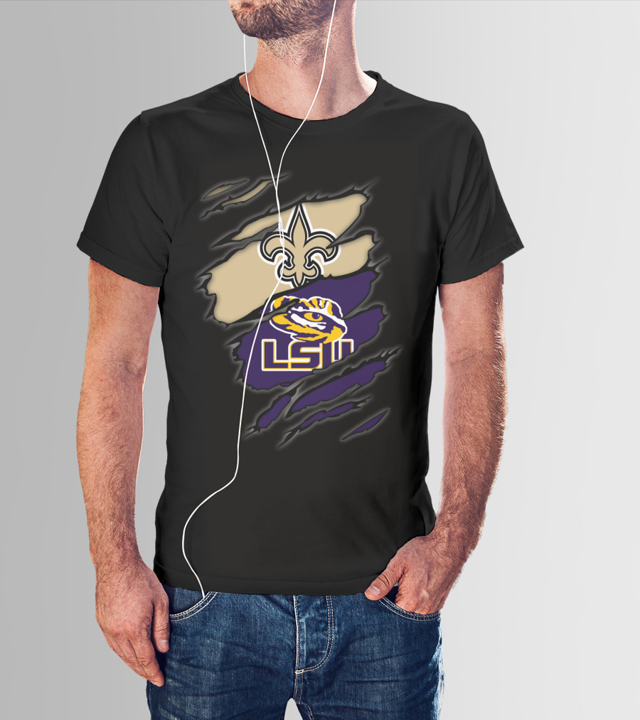 New Orleans Saints Fleur-De-Lis And Lsu Tigers Logo Blend T-Shirt