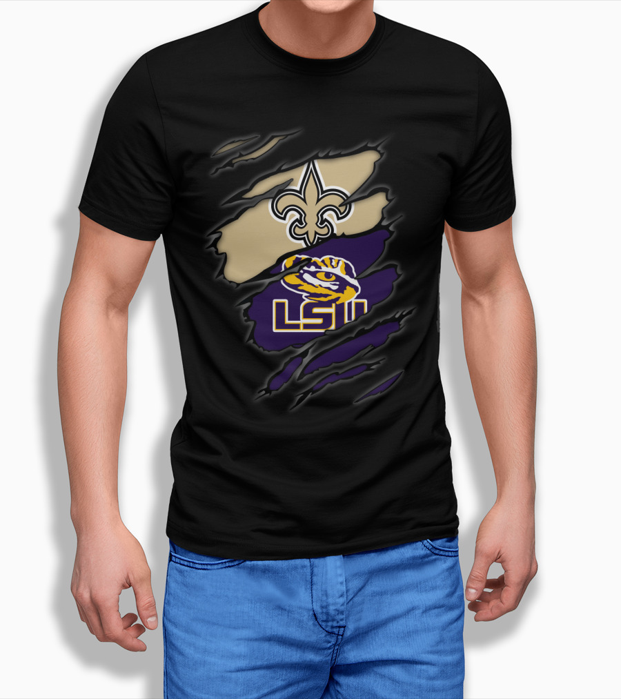 New Orleans Saints Fleur-De-Lis And Lsu Tigers Logo Blend T-Shirt