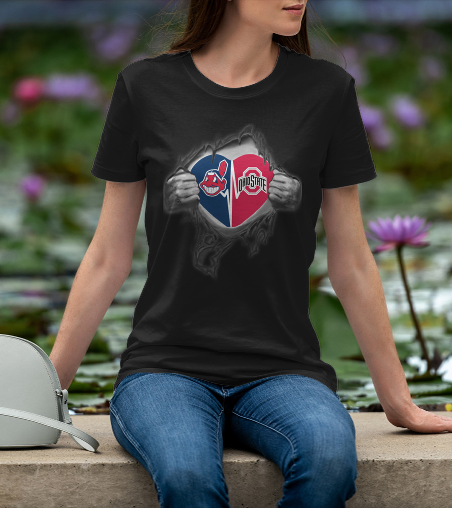 Cleveland Indians Chief Wahoo Logo And Ohio State Buckeyes Split Heart Tear T-Shirt