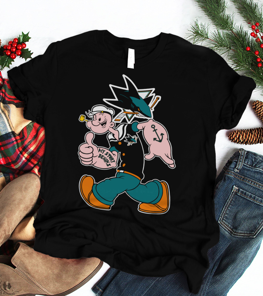 San Jose Sharks Popeye My Story Design Anchor Tattoo T-Shirt