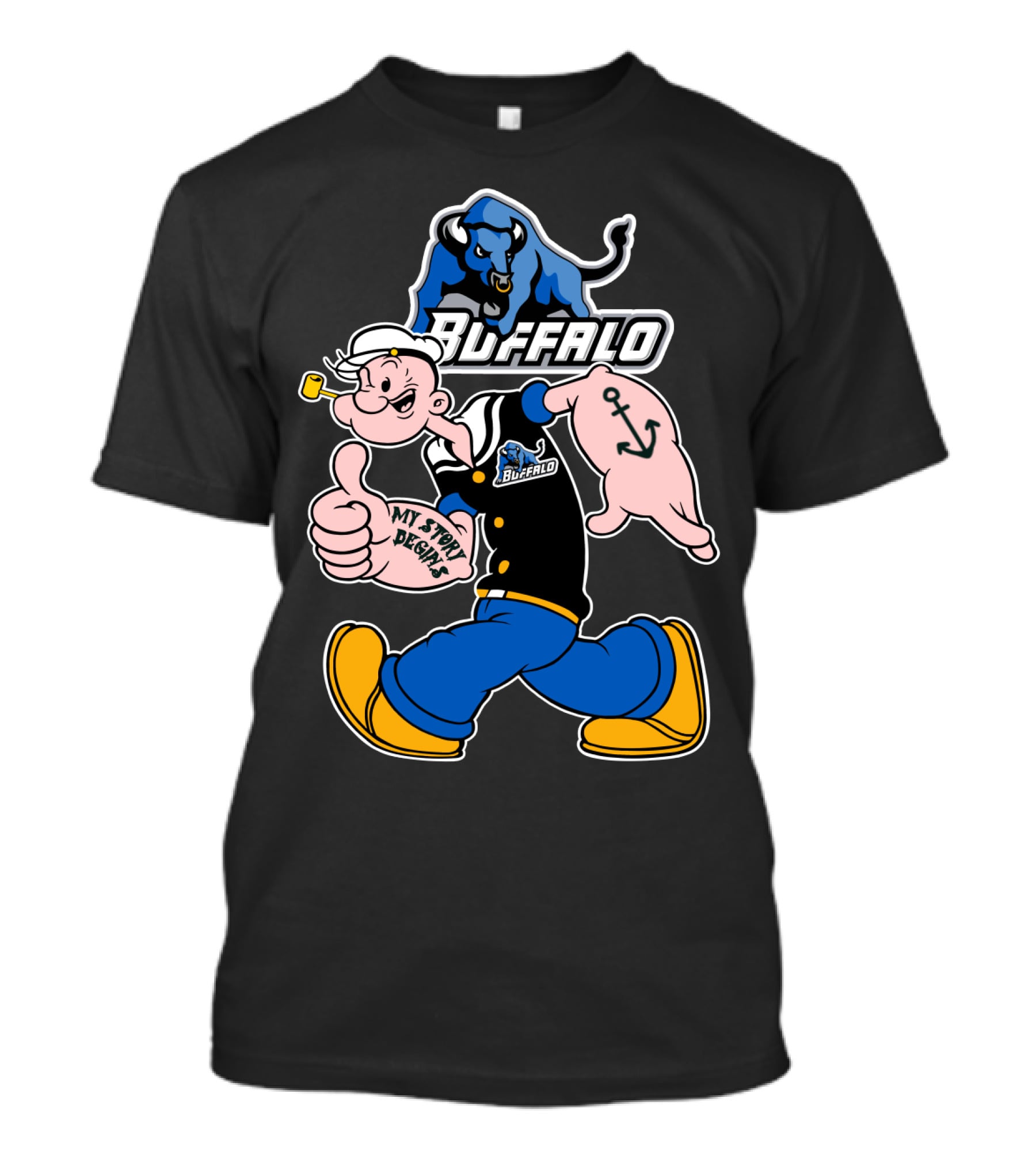 Popeye Buffalo Bulls My Story Begins Thumbs Up Anchor Navy Sailor T-Shirt