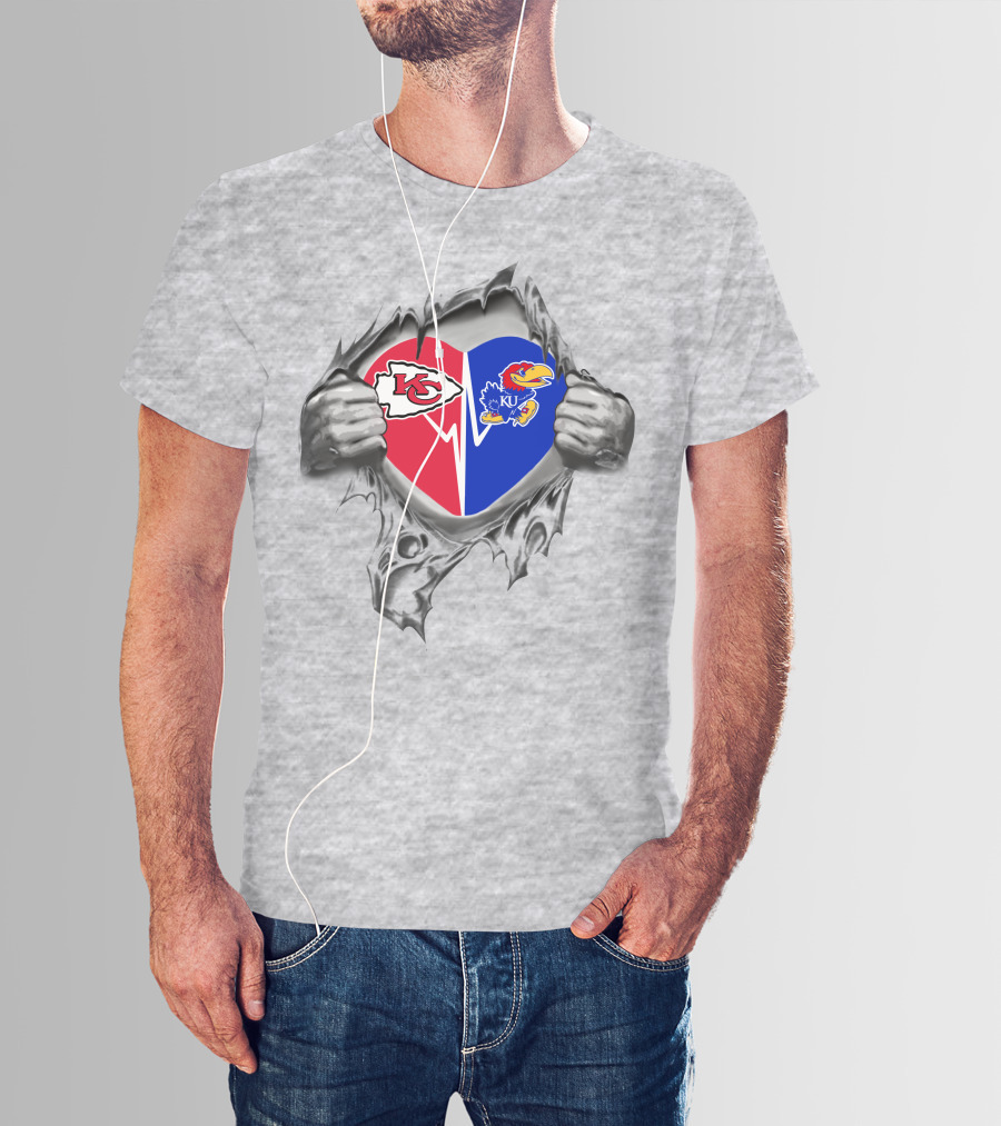 Chiefs Jayhawks Heart With Kansas City Kc And Ku Logos T-Shirt