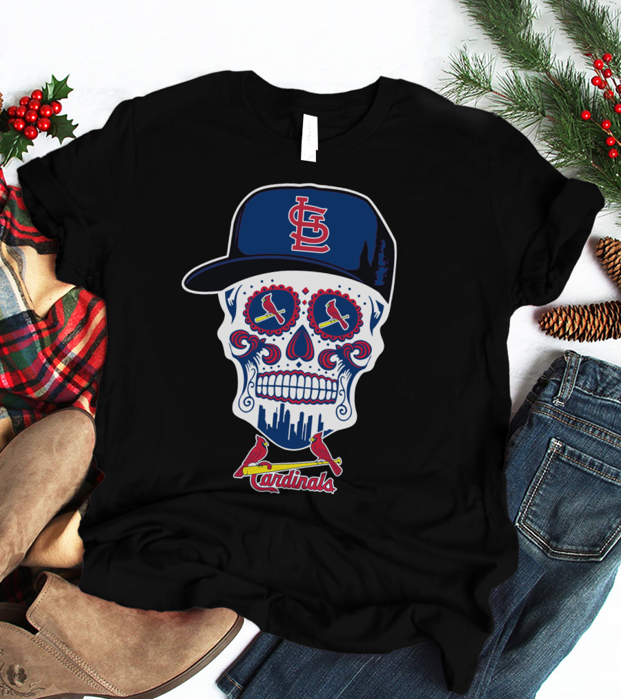St Louis Cardinals Skull With Baseball Cap And City Skyline T-Shirt