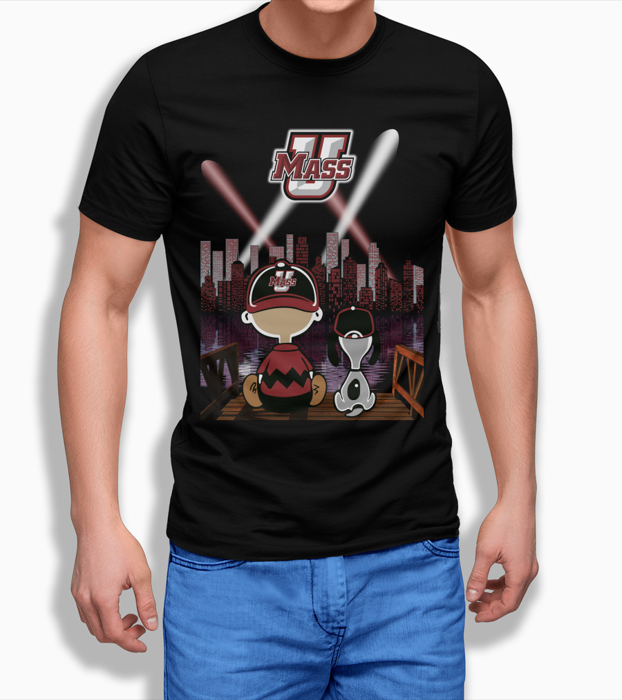 Umass Minutemen Downtown Skyline At Night With Cartoon Duo T-Shirt