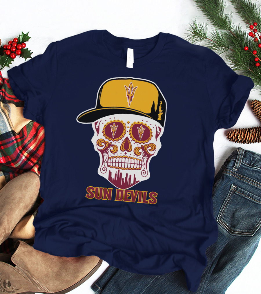Sun Devils Sugar Skull With Arizona State Emblem Baseball Cap T-Shirt