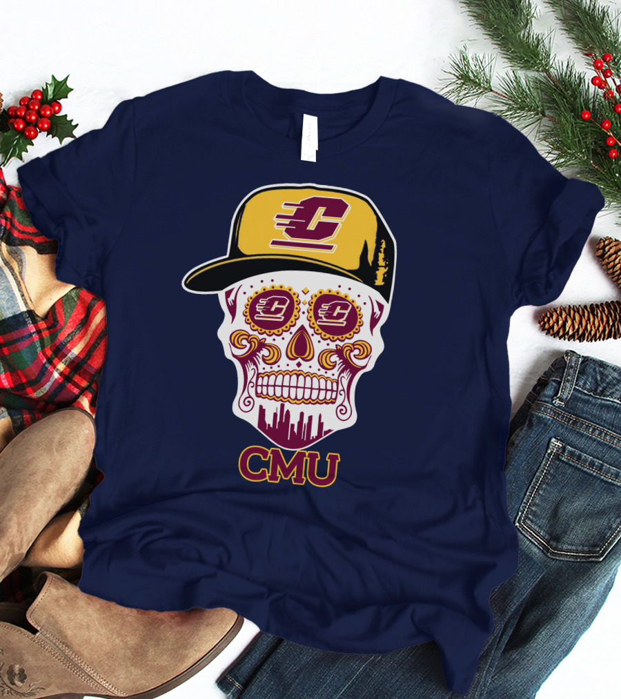 Cmu Central Michigan Chippewas Skull Logo With Cap And City Skyline T-Shirt