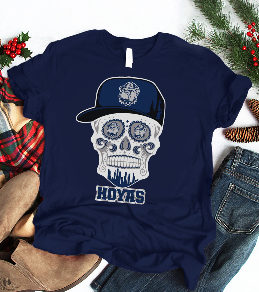 Georgetown Hoyas Skull With Bulldog Hat And Skyline T-Shirt