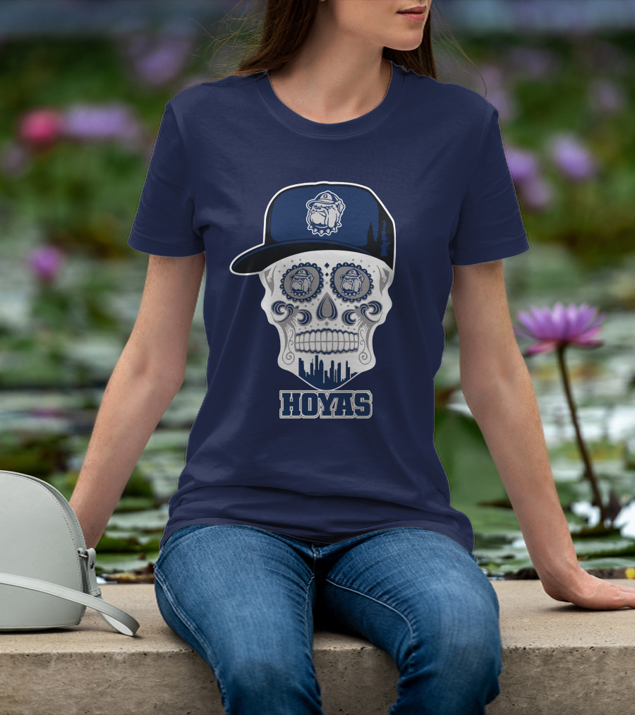 Georgetown Hoyas Skull With Bulldog Hat And Skyline T-Shirt