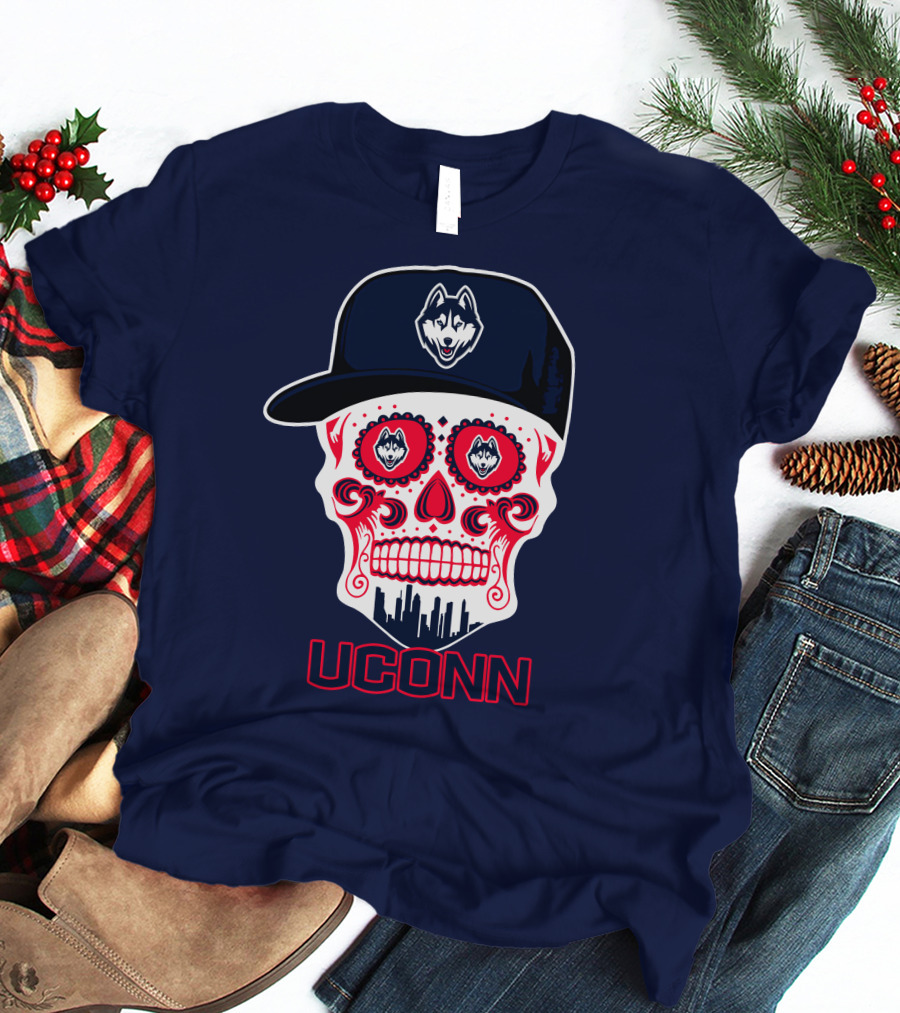 Uconn Huskies Sugar Skull With Hat T-Shirt