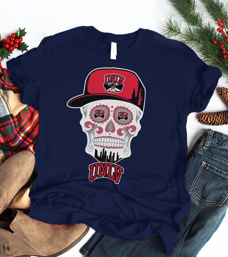 Unlv Rebels Skull With Cap Design Featuring Mascot Logo And Skyline T-Shirt