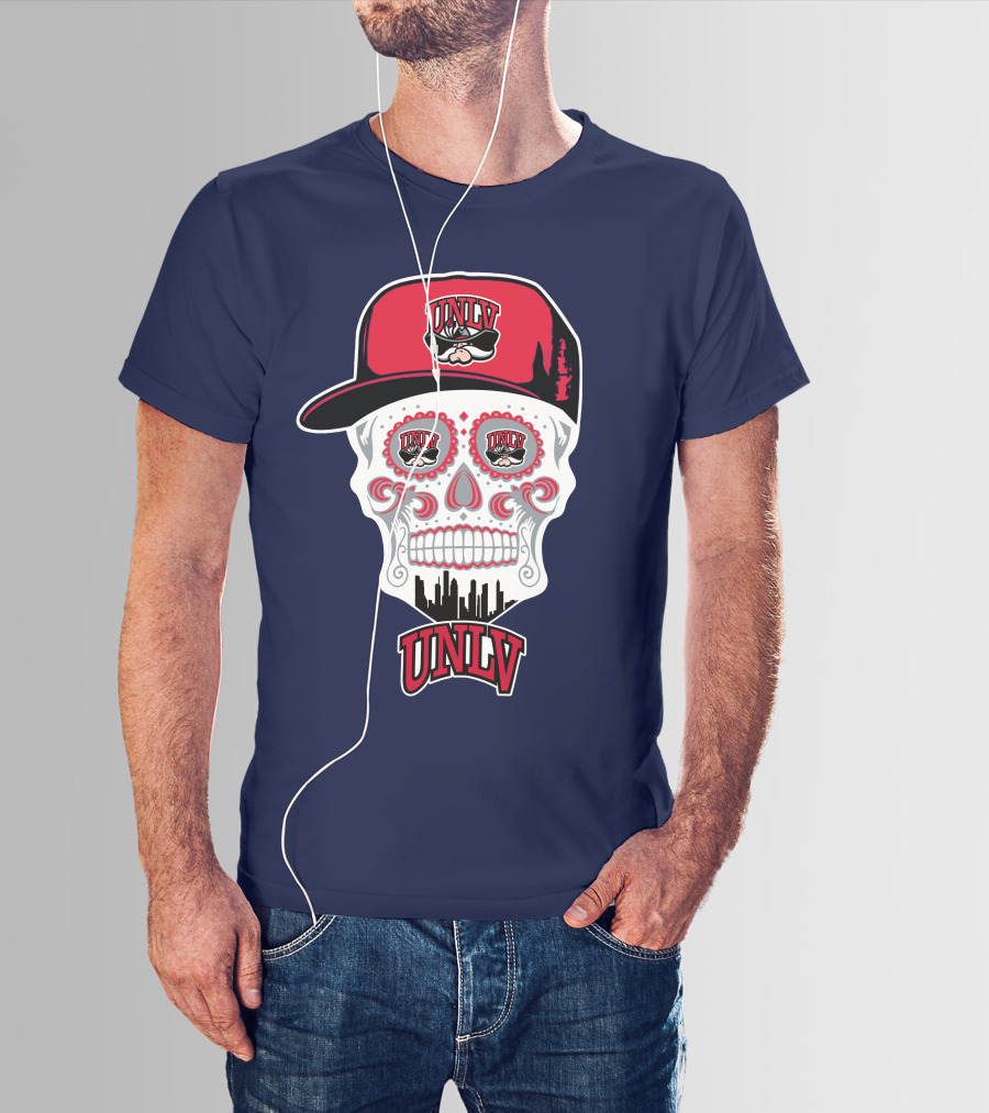 Unlv Rebels Skull With Cap Design Featuring Mascot Logo And Skyline T-Shirt