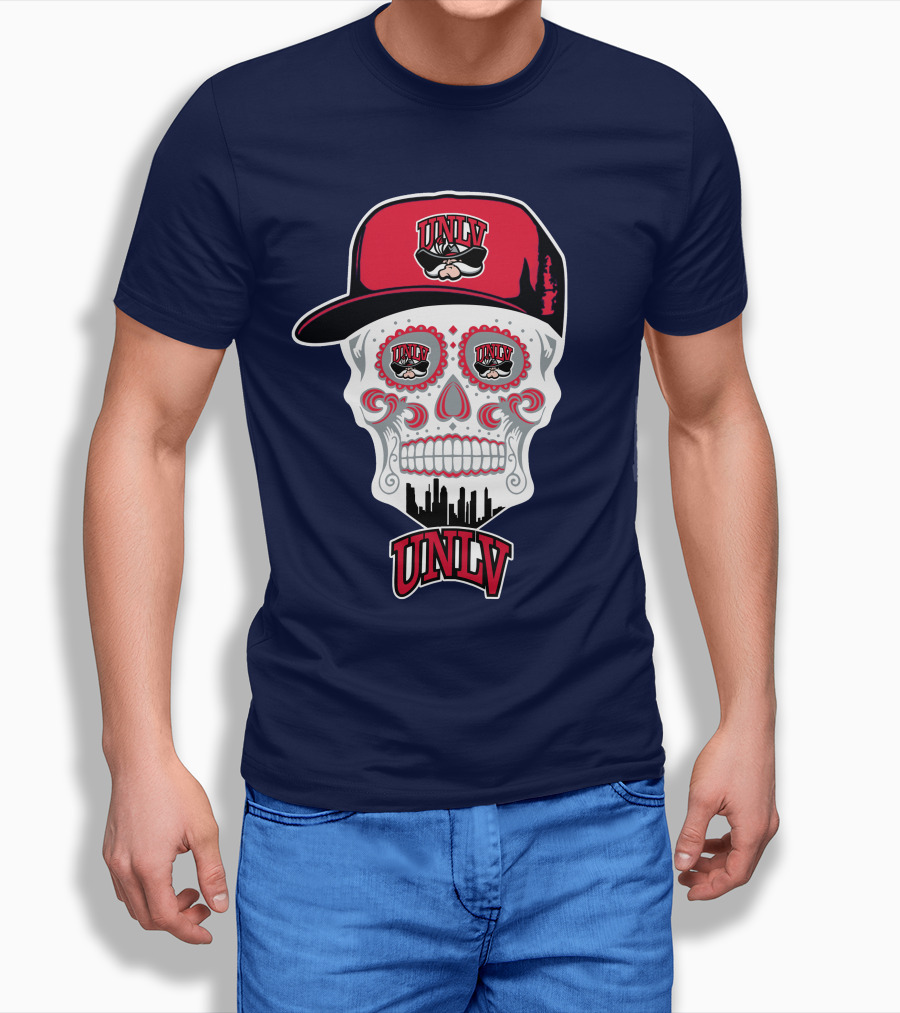 Unlv Rebels Skull With Cap Design Featuring Mascot Logo And Skyline T-Shirt