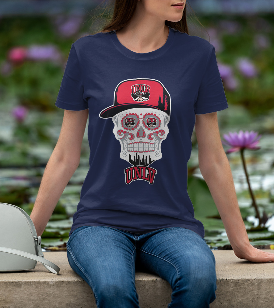 Unlv Rebels Skull With Cap Design Featuring Mascot Logo And Skyline T-Shirt