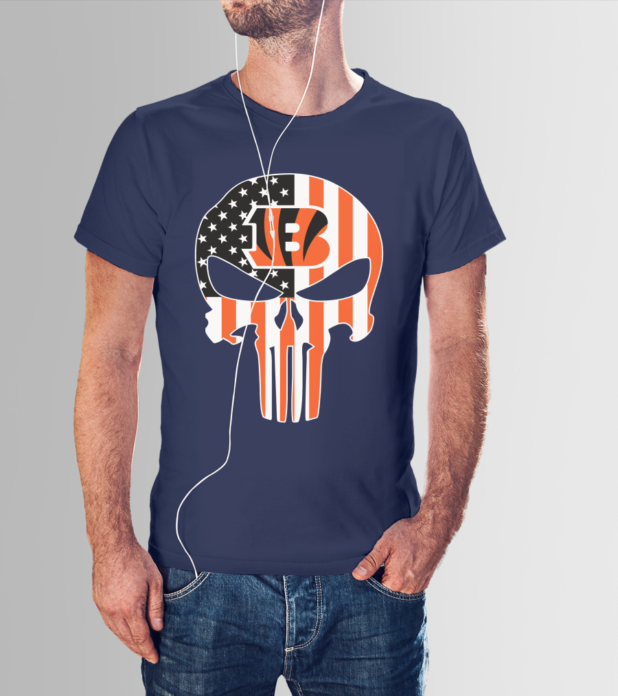 Cincinnati Bengals Skull Logo American Flag T-Shirt