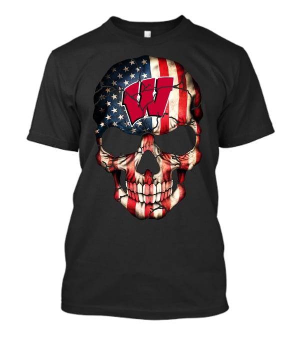 Wisconsin Badgers American Flag Skull W T-Shirt