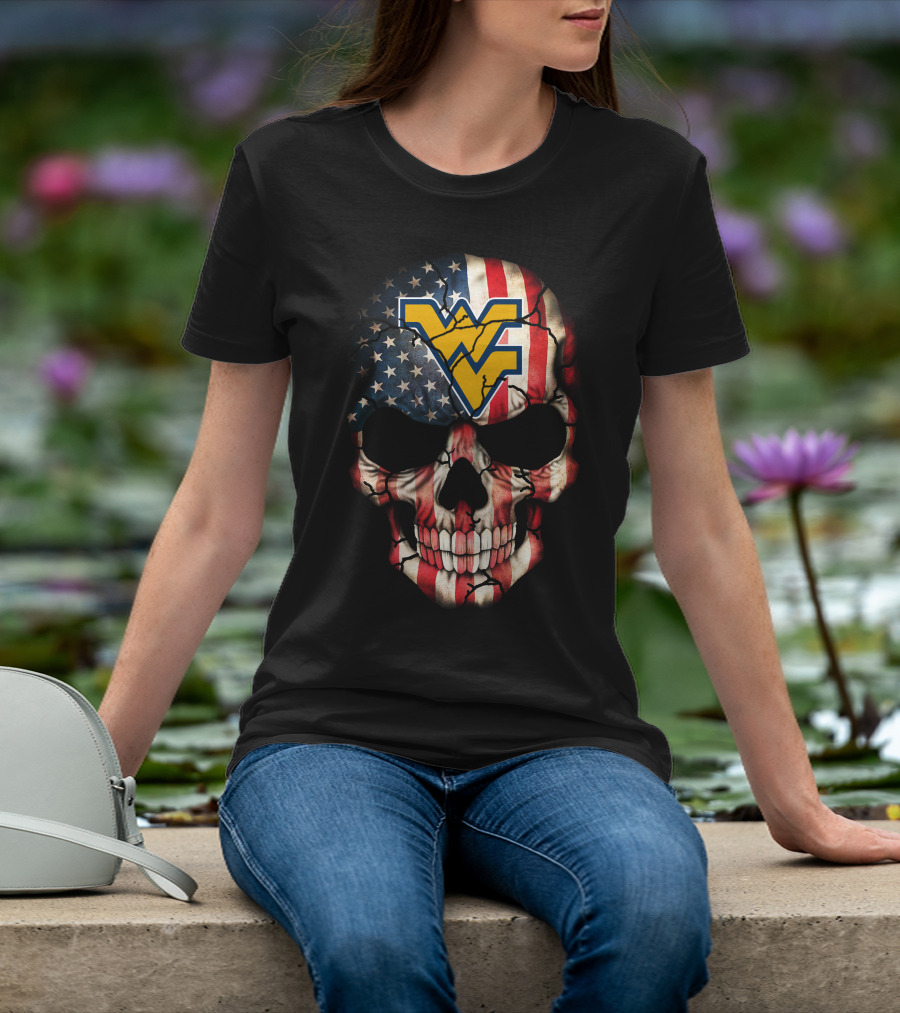 American Flag Skull With West Virginia Mountaineers T-Shirt