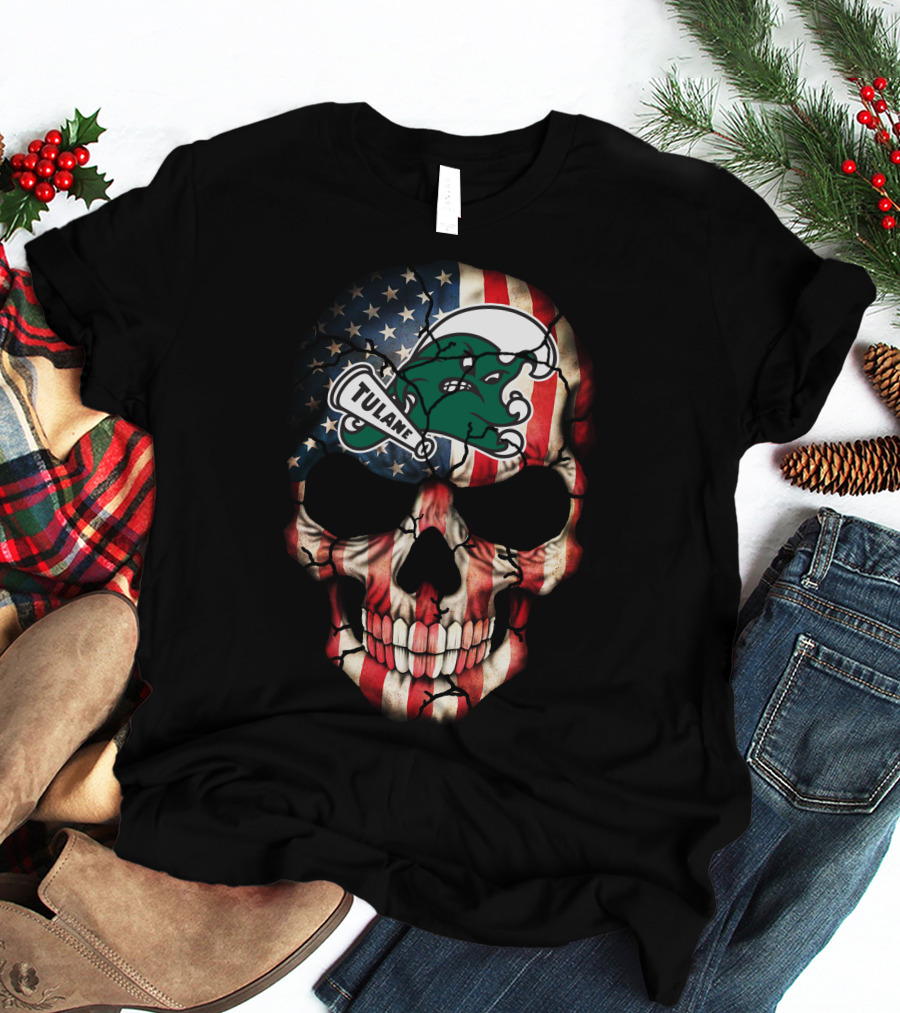 Patriotic Skull With Tulane Green Wave Logo On American Flag Style T-Shirt