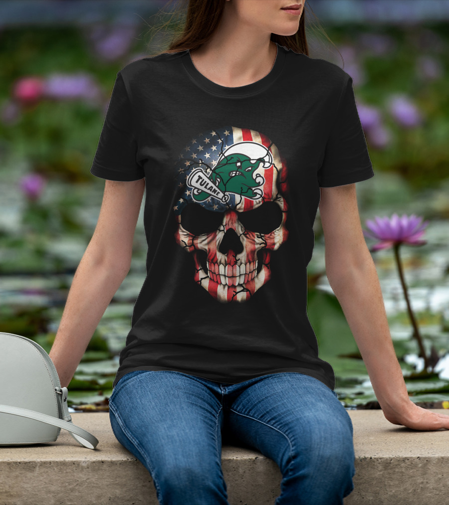 Patriotic Skull With Tulane Green Wave Logo On American Flag Style T-Shirt