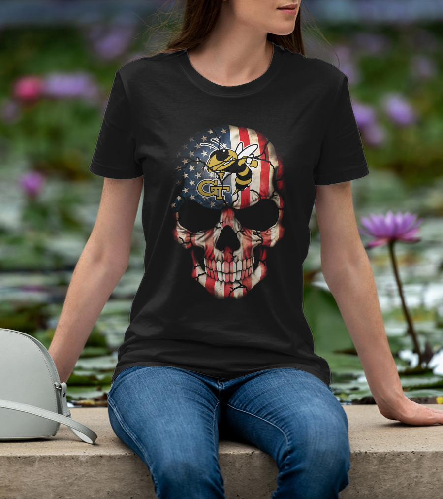 American Flag Skull With Georgia Tech Yellow Jackets Logo And Mascot T-Shirt