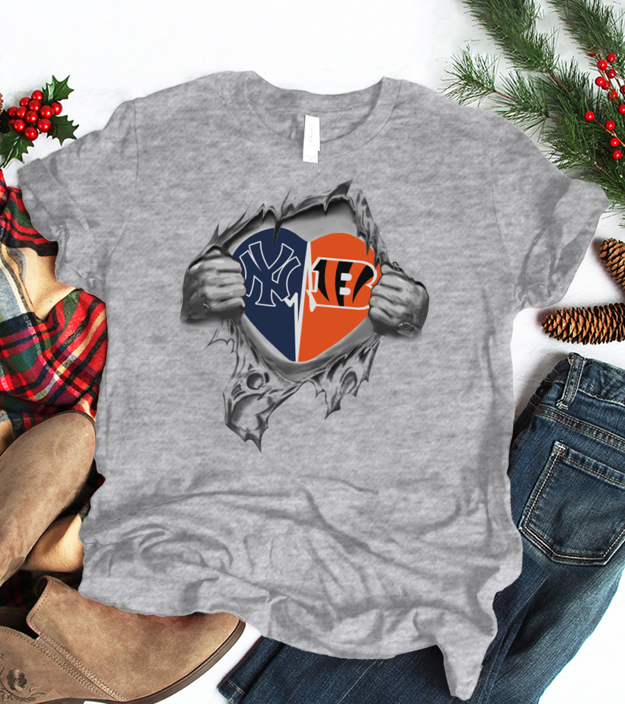 Yankees Cincinnati Bengals Heart Revealed With Iconic Logos And Team Spirit T-Shirt
