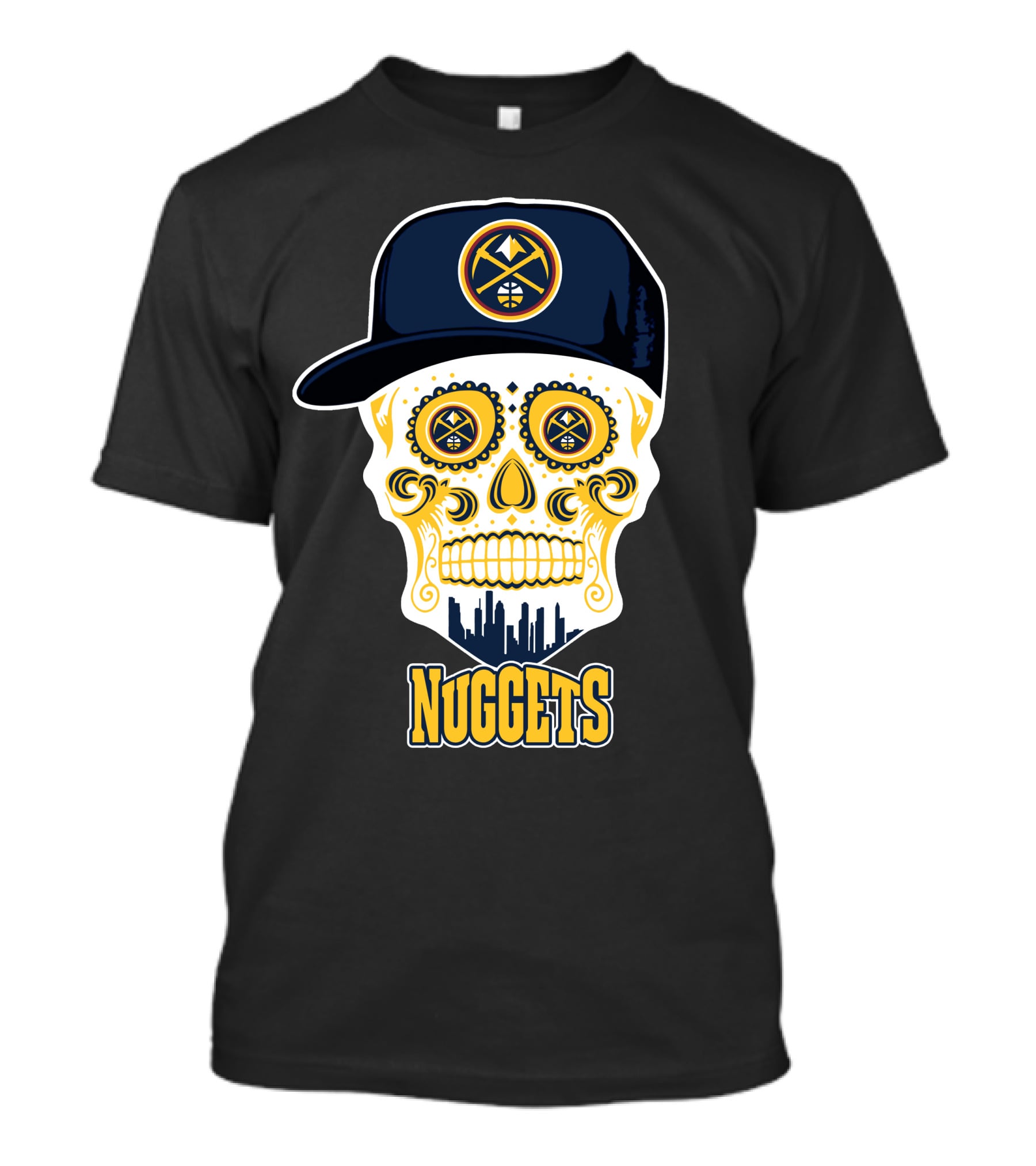 Denver Nuggets Skull Design With Cap And City Silhouette T-Shirt