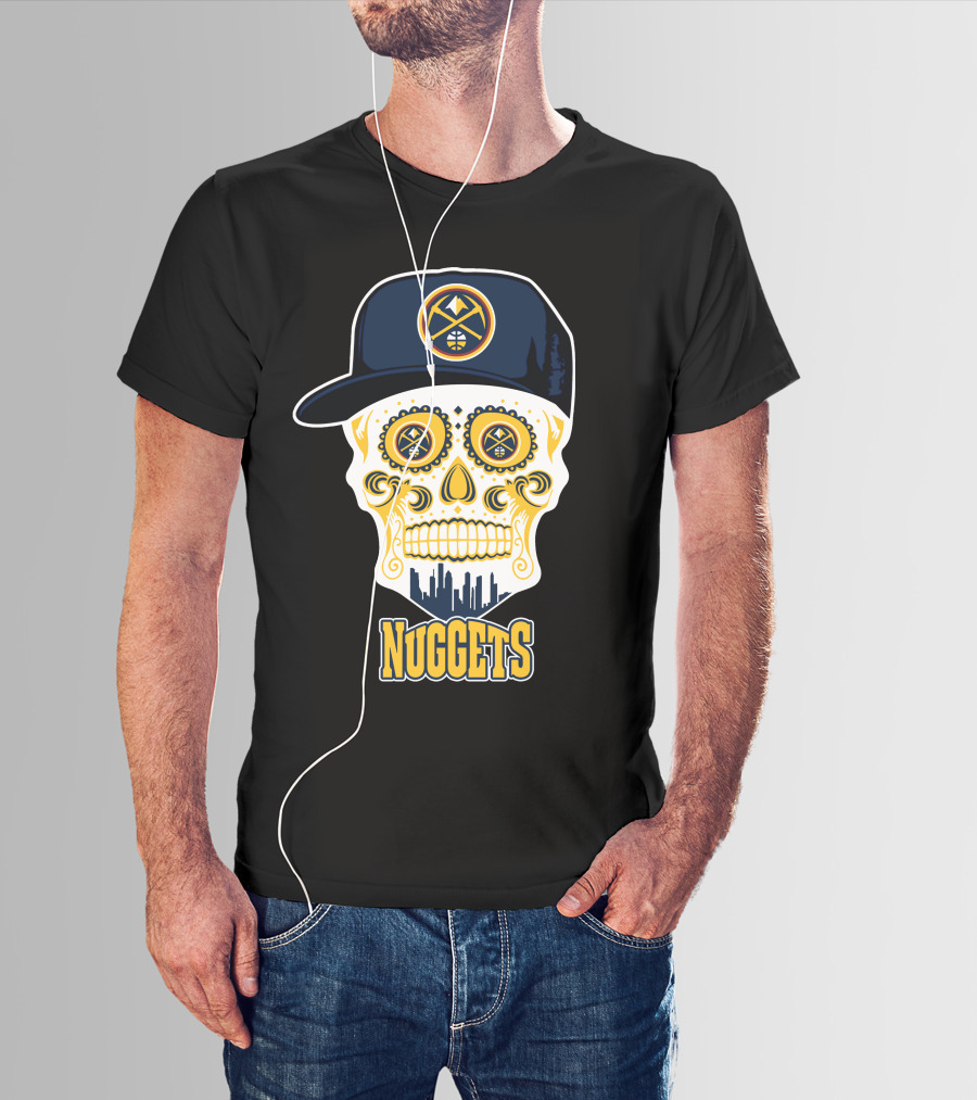 Denver Nuggets Skull Design With Cap And City Silhouette T-Shirt