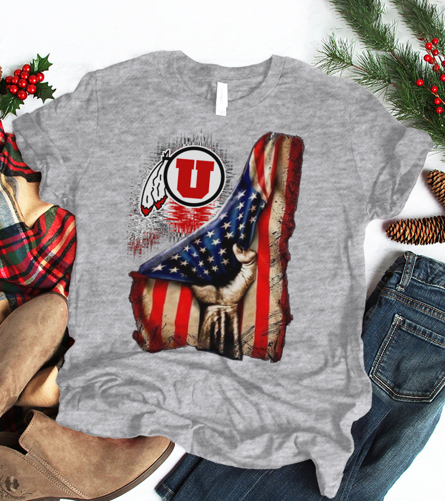 Utah Utes American Flag Background And Hand T-Shirt