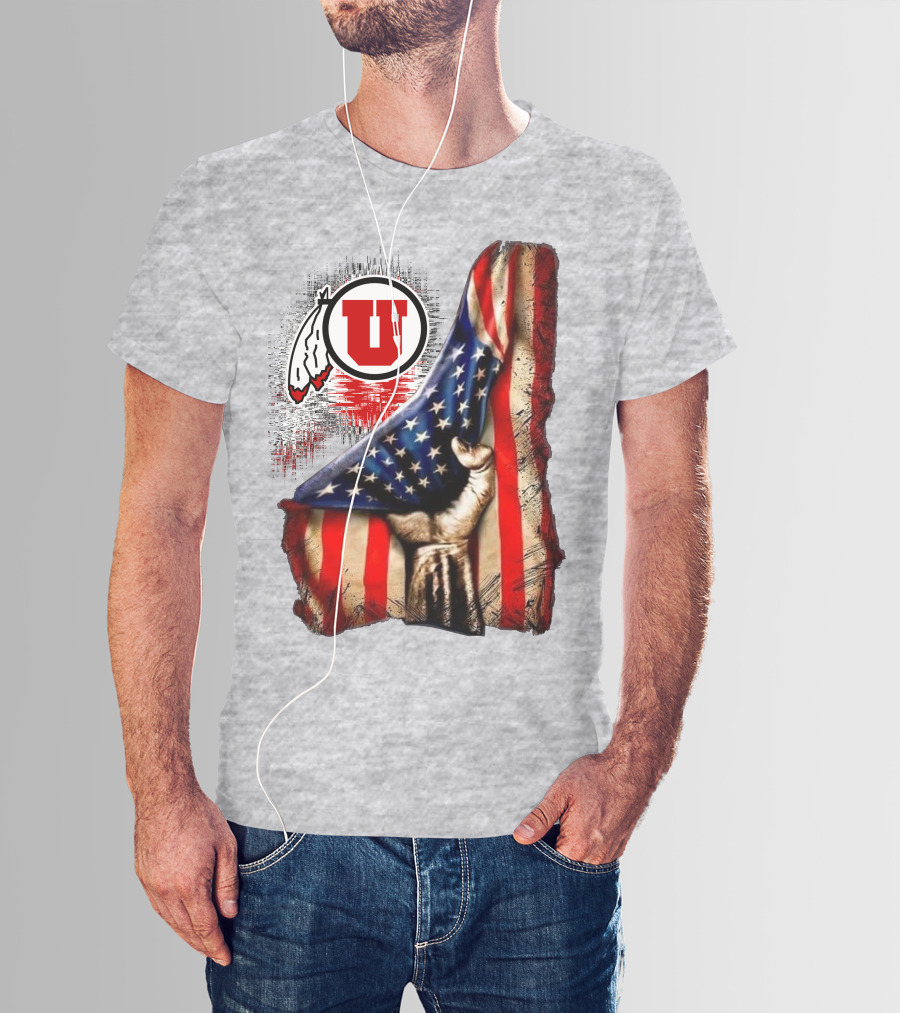 Utah Utes American Flag Background And Hand T-Shirt