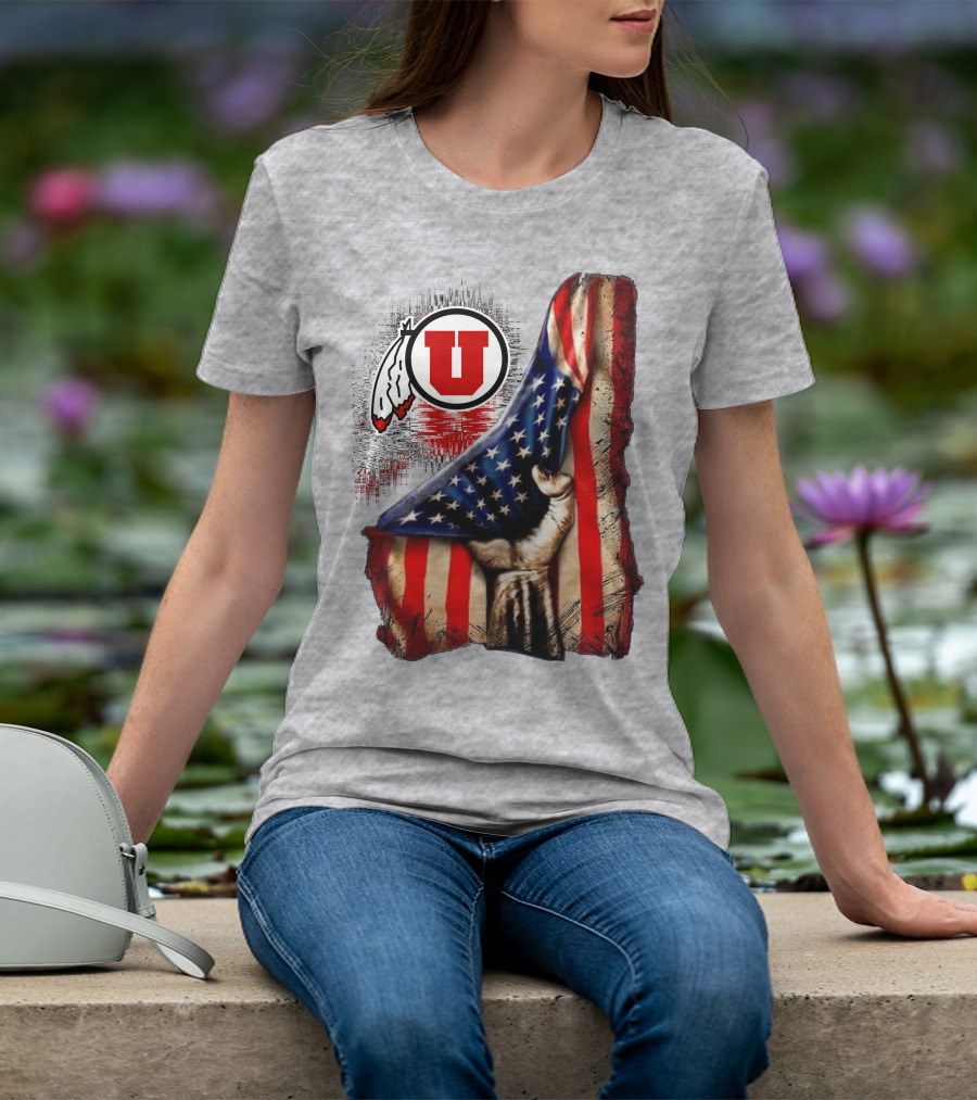 Utah Utes American Flag Background And Hand T-Shirt