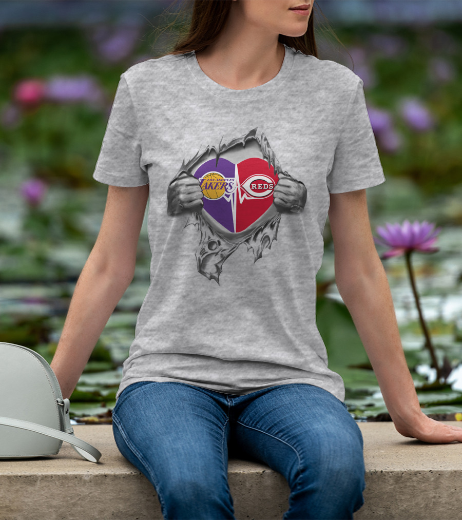 Los Angeles Lakers Cincinnati Reds Heart Split Fan Passion T-Shirt
