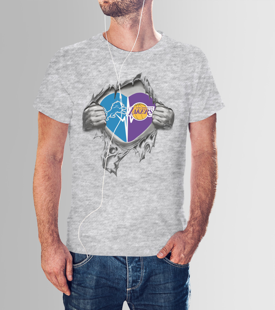 Los Angeles Lakers Detroit Lions Heart Symbol With Torn Metal Effect T-Shirt