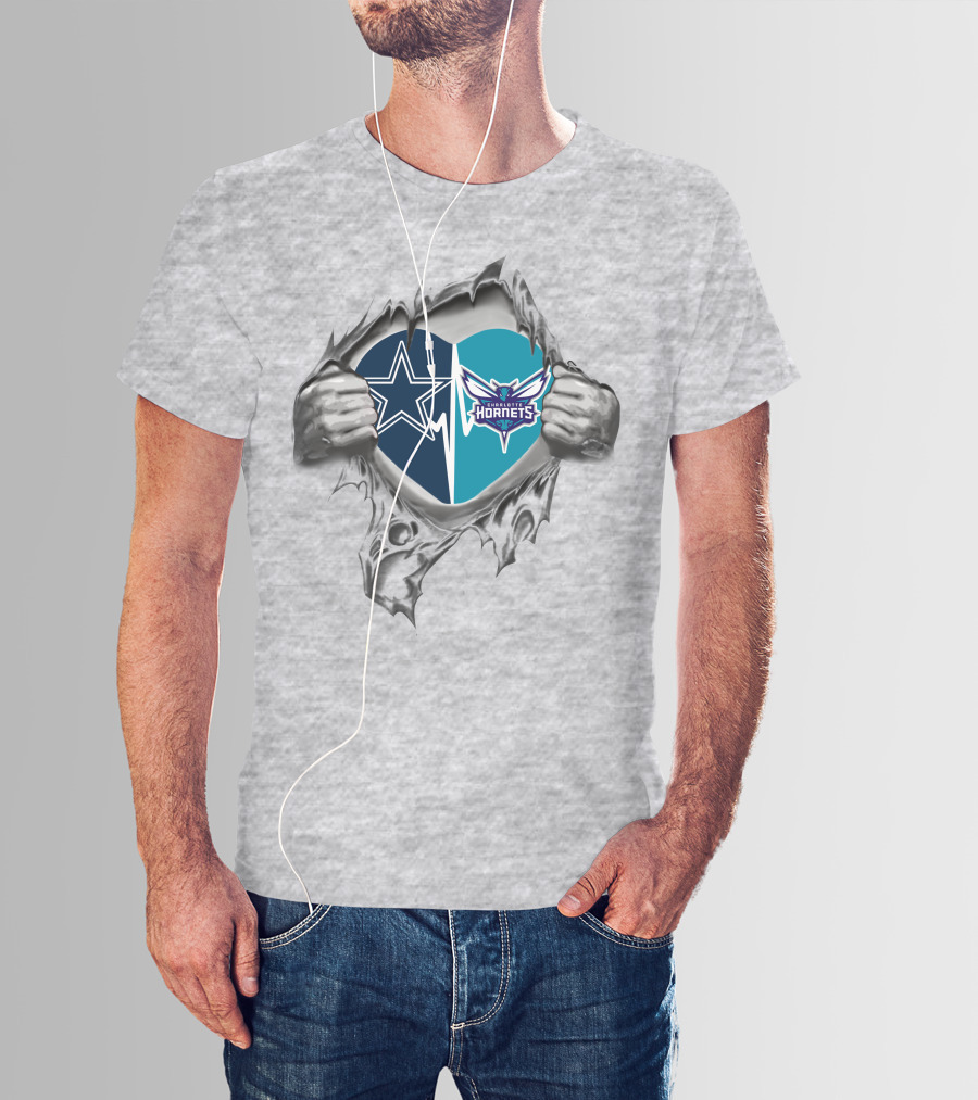 Cowboys Charlotte Hornets Heart Torn Open T-Shirt