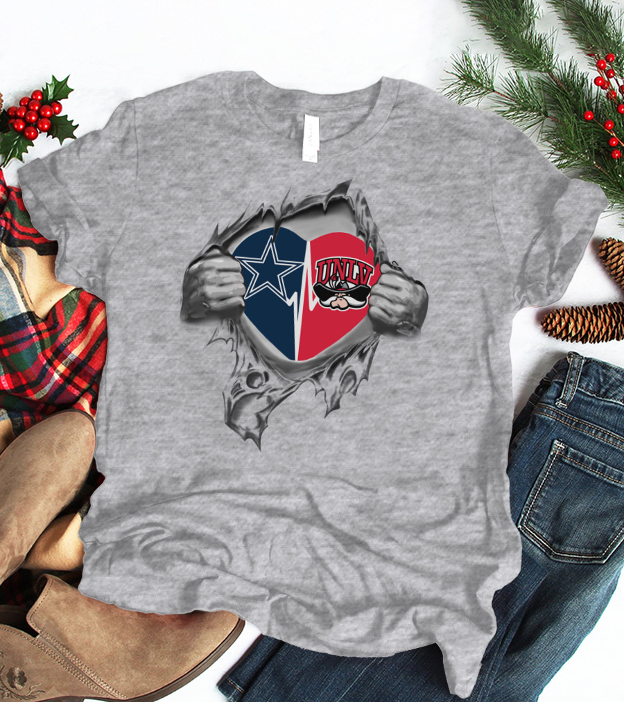 Cowboys Star And Unlv Rebels Heart Inside Ripped Chest T-Shirt