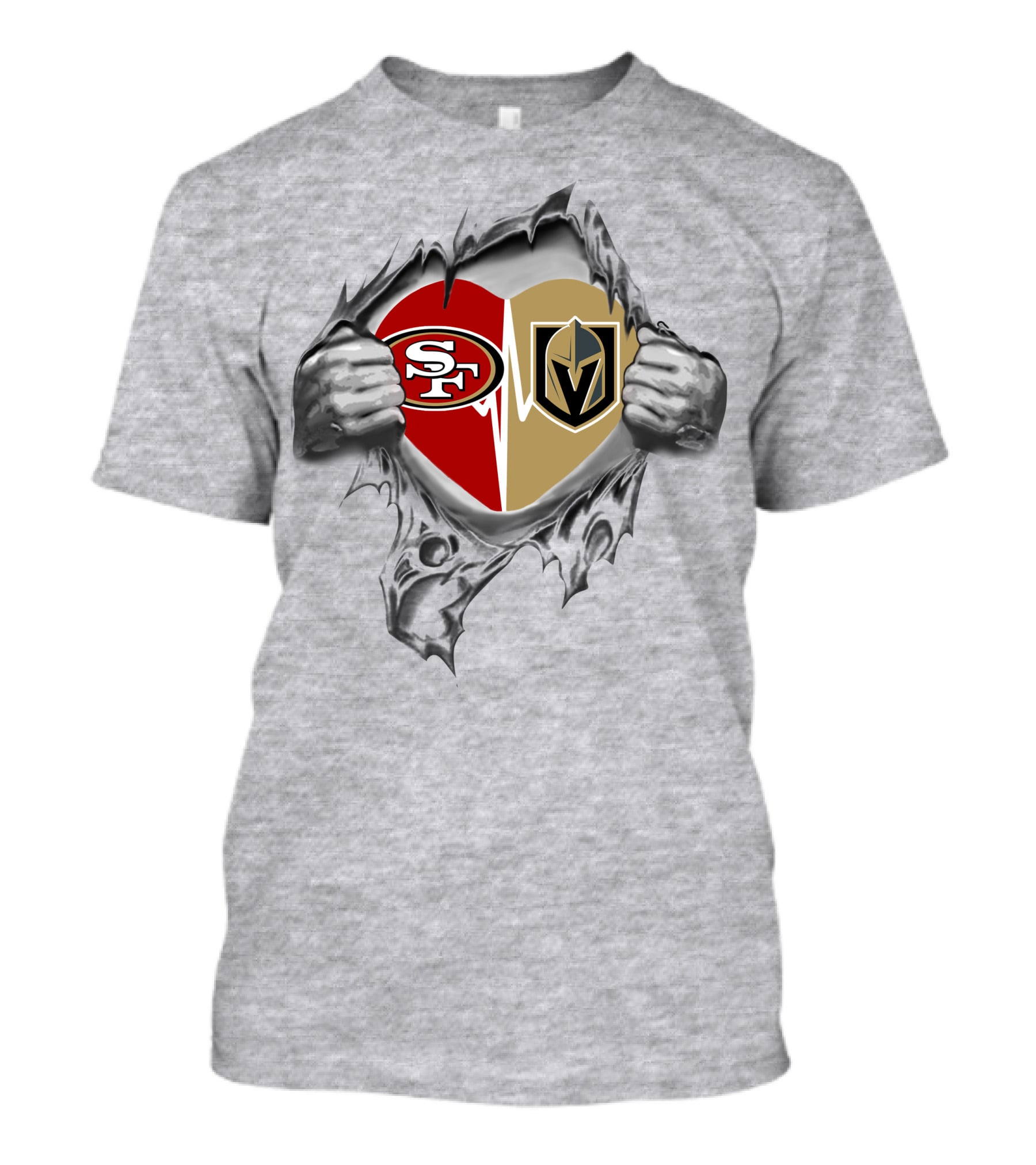 49ers Vegas Golden Knights Heart Design With Tattered Hands T-Shirt