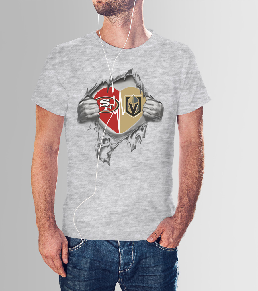 49ers Vegas Golden Knights Heart Design With Tattered Hands T-Shirt