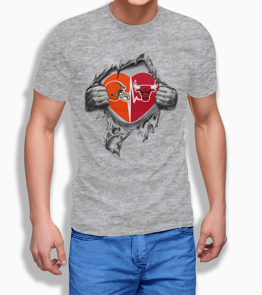 Browns Chicago Bulls Heart Design With Ripped Hands T-Shirt