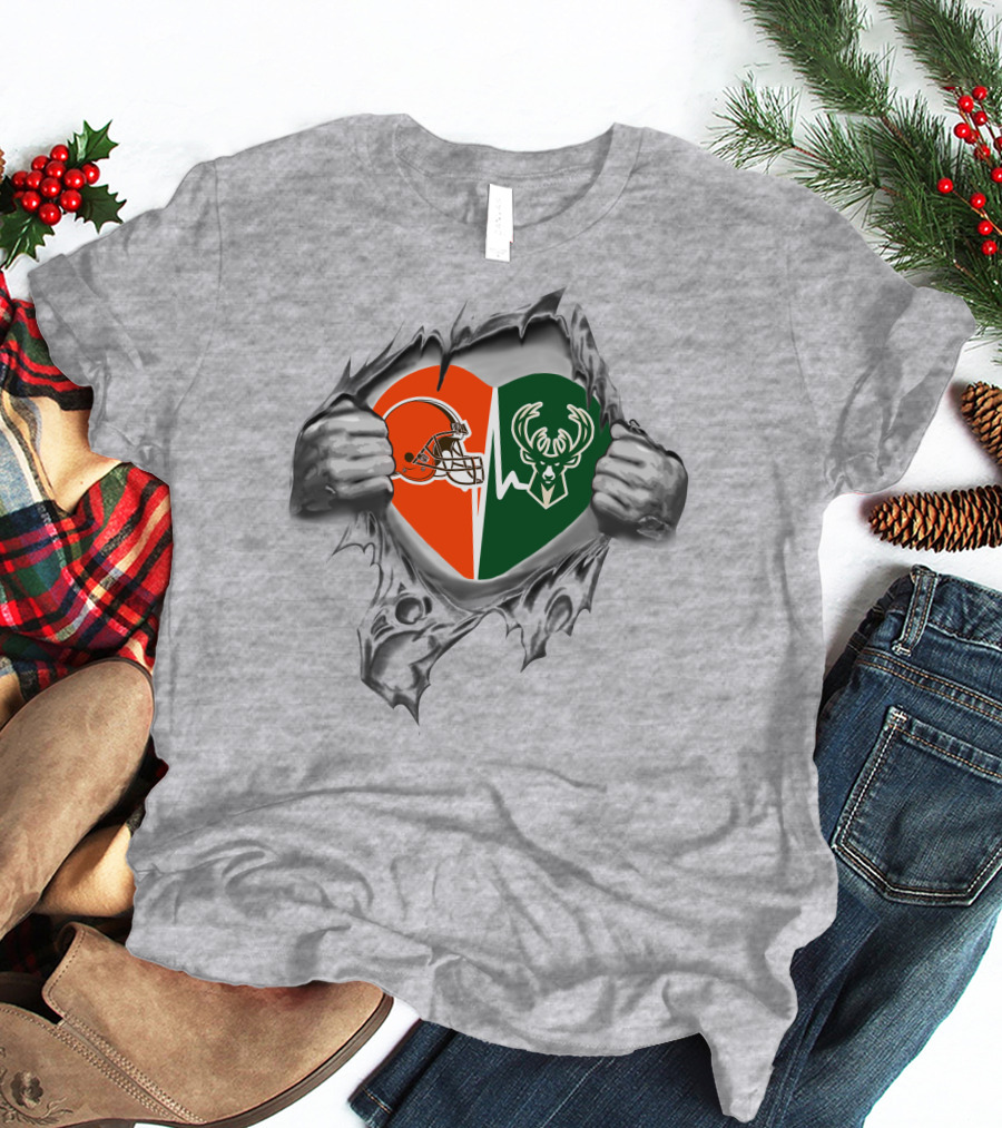 Browns Milwaukee Bucks Heart Logo Split With Torn Edge T-Shirt