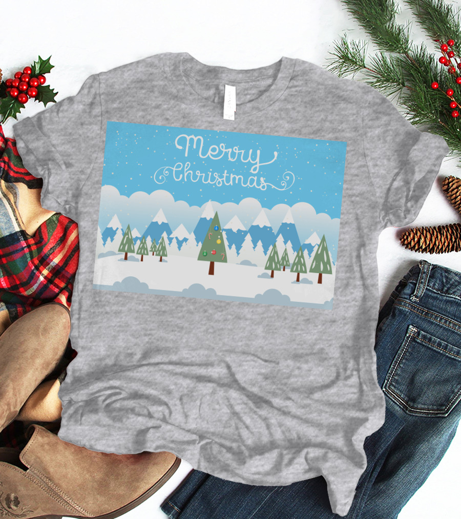 Merry Christmas Snowy Mountain Landscape With Decorated Tree T-Shirt