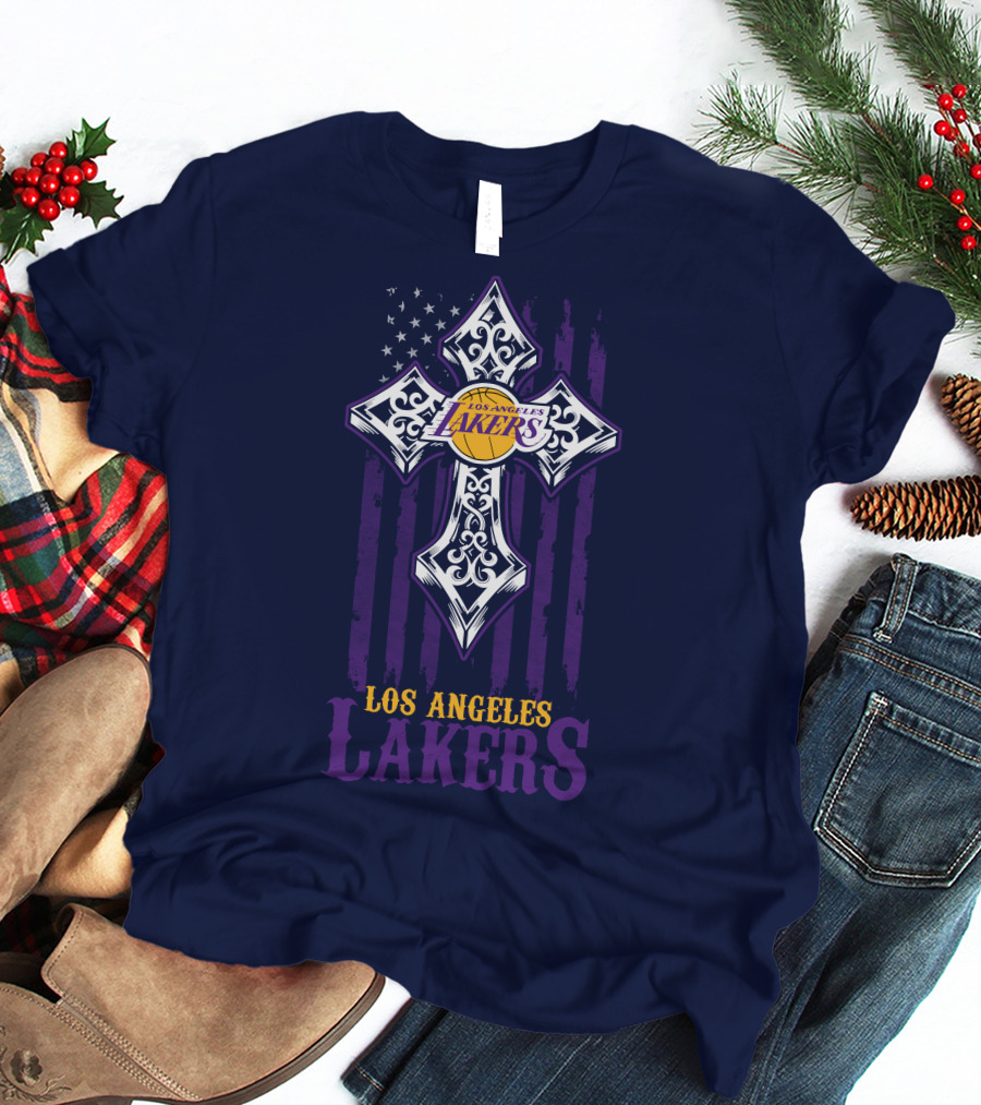 Los Angeles Lakers Cross American Flag T-Shirt