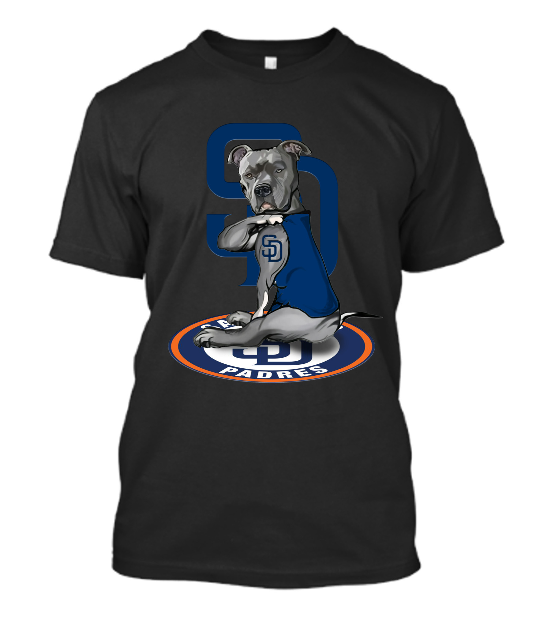 Sd Padres Dog With Blue Sweater And Logo On Black T-Shirt