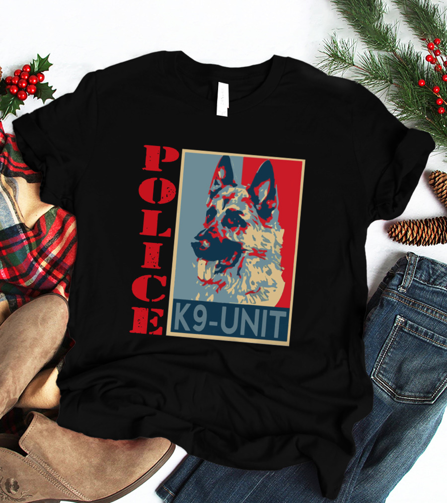 POLICE K9 UNIT Shepherd Portrait In Red Blue And Beige T-Shirt