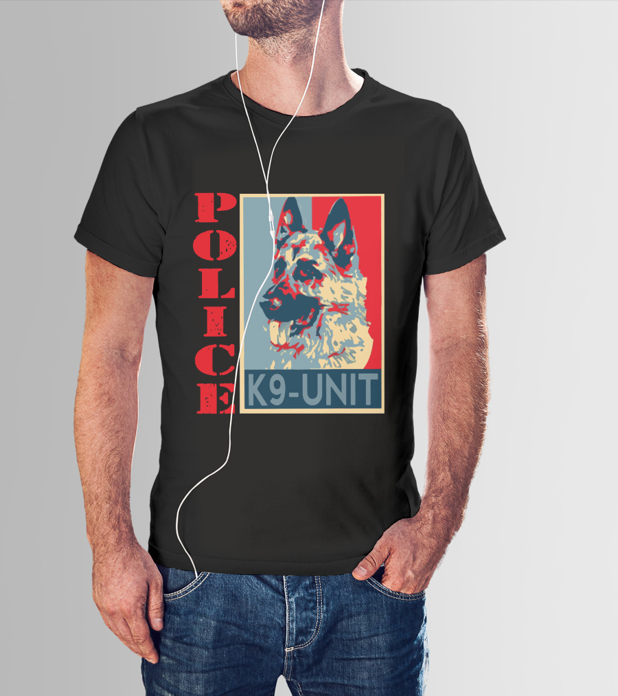 POLICE K9 UNIT Shepherd Portrait In Red Blue And Beige T-Shirt