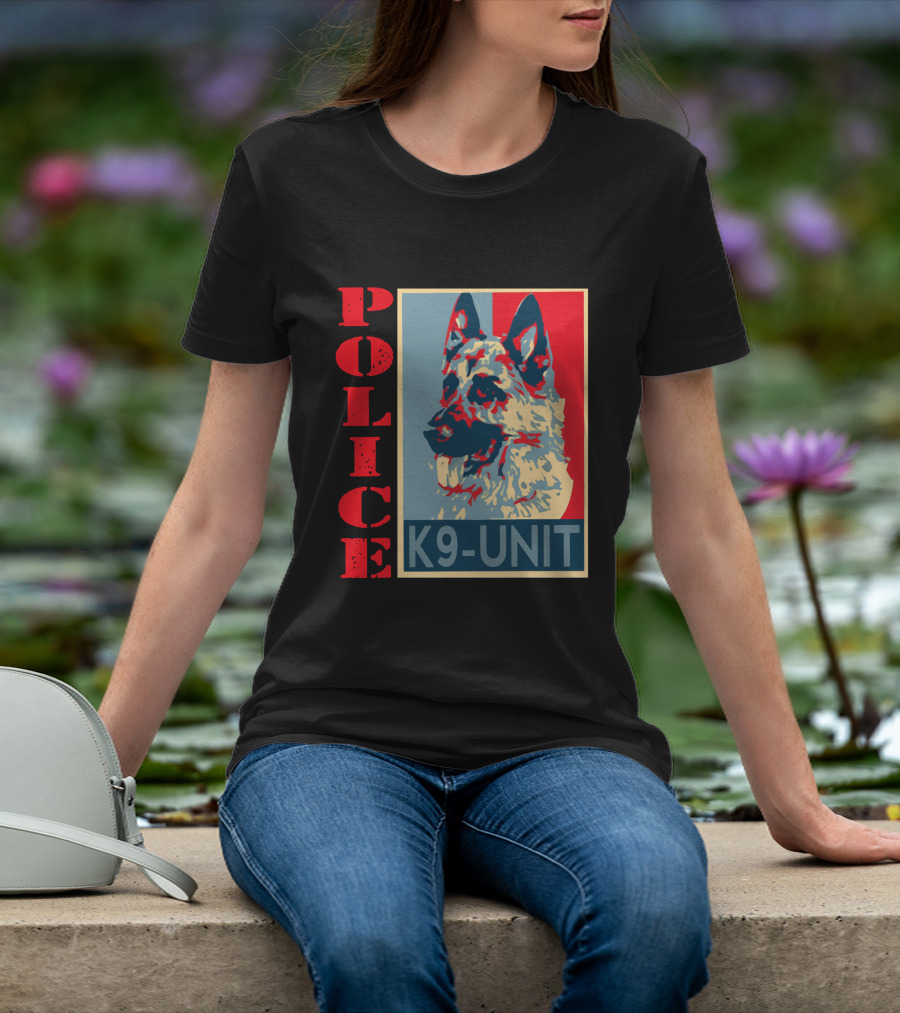 POLICE K9 UNIT Shepherd Portrait In Red Blue And Beige T-Shirt