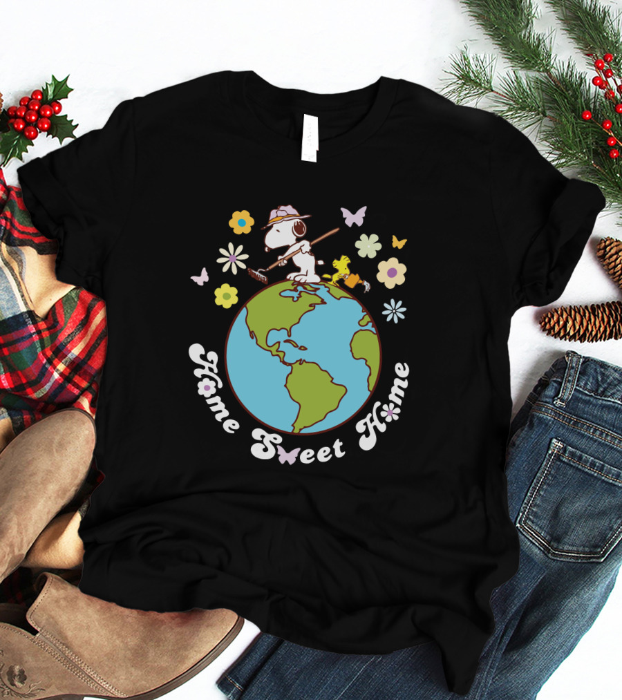 Home Sweet Home Snoopy And Woodstock Gardening On Earth With Butterflies And Flowers T-Shirt