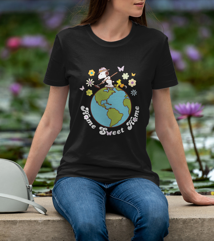 Home Sweet Home Snoopy And Woodstock Gardening On Earth With Butterflies And Flowers T-Shirt