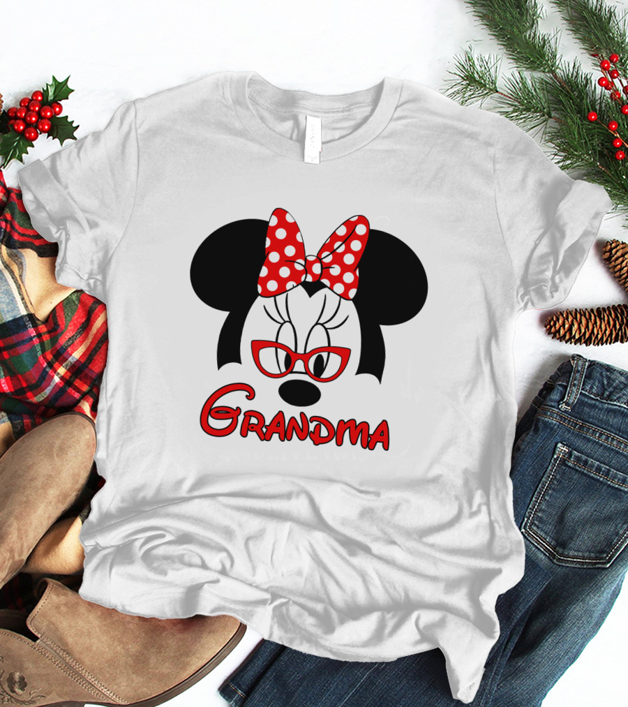 Minnie Grandma Polka Dot Bow Red Glasses T-Shirt