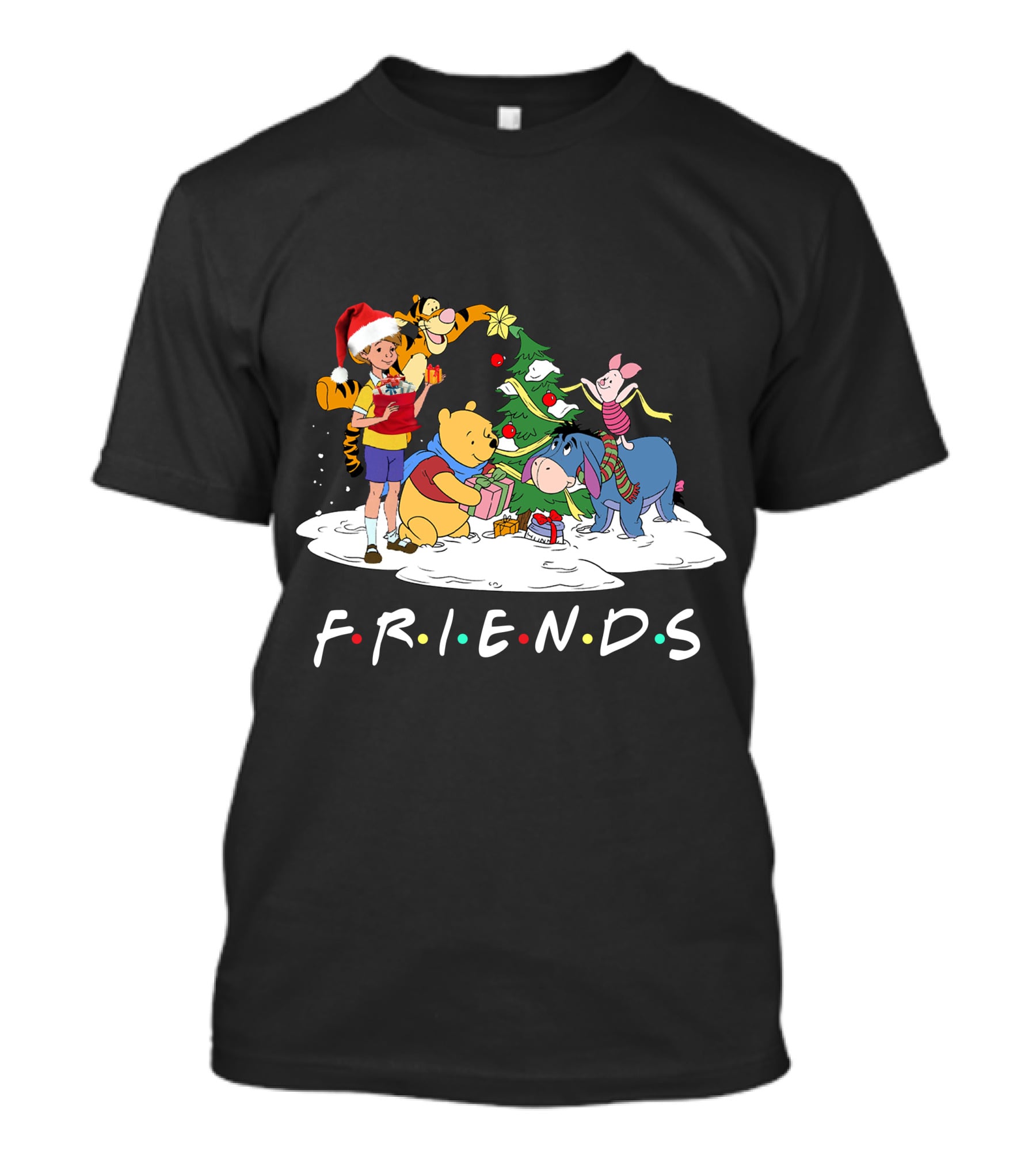 FRIENDS Pooh Tigger Eeyore Piglet Christmas Tree Santa Hat T-Shirt
