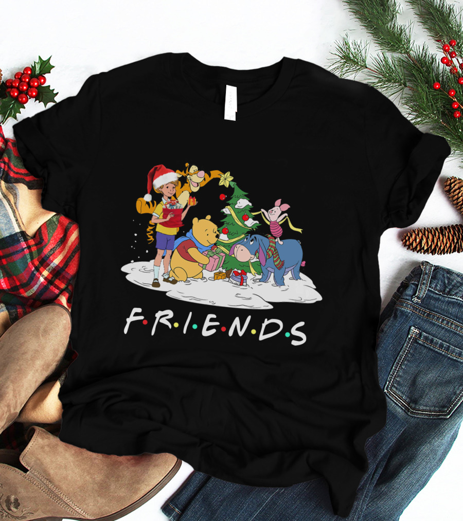 FRIENDS Pooh Tigger Eeyore Piglet Christmas Tree Santa Hat T-Shirt